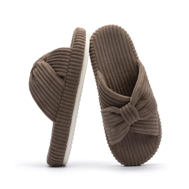 The Cloudies US | Women's Corduroy Bow Open-Toe Slippers - Soft Cushion Indoor House Shoes