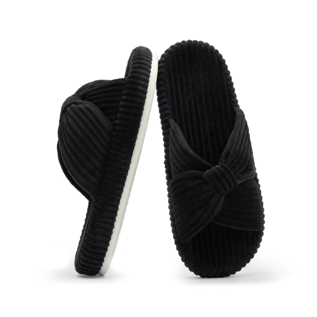 The Cloudies US | Women's Corduroy Bow Open-Toe Slippers - Soft Cushion Indoor House Shoes