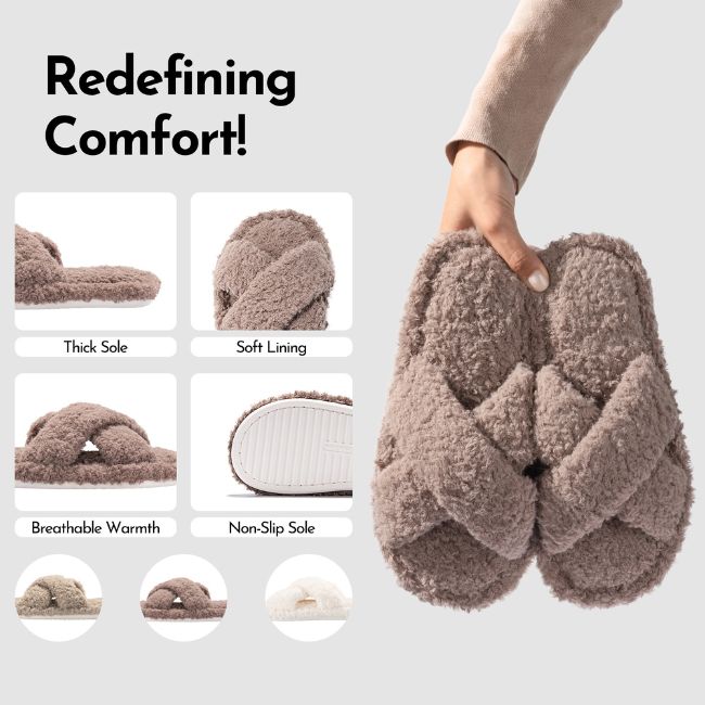 CRISS CROSS FLUFFY SLIPPERS WITH THICK NON SLIP SOLE FOR COZY INDOOR COMFORT
