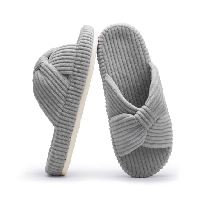 The Cloudies US | Women's Corduroy Bow Open-Toe Slippers - Soft Cushion Indoor House Shoes