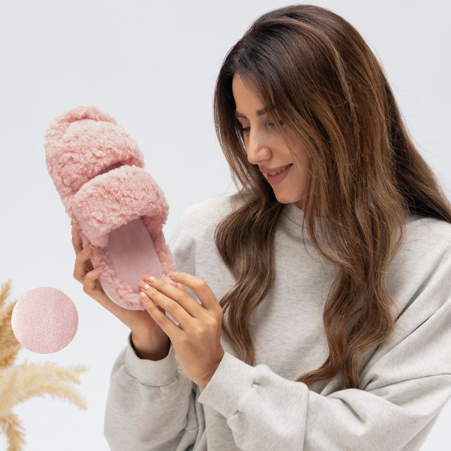 FLUFFY ORTHOPEDIC SLIPPERS – DOUBLE-STRAP SHERPA HOUSE SLIDES WITH THICK