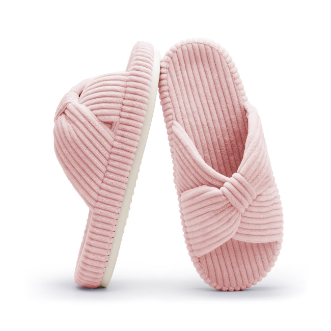 The Cloudies US | Women's Corduroy Bow Open-Toe Slippers - Soft Cushion Indoor House Shoes