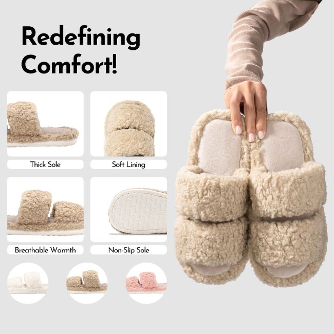 FLUFFY ORTHOPEDIC SLIPPERS – DOUBLE-STRAP SHERPA HOUSE SLIDES WITH THICK