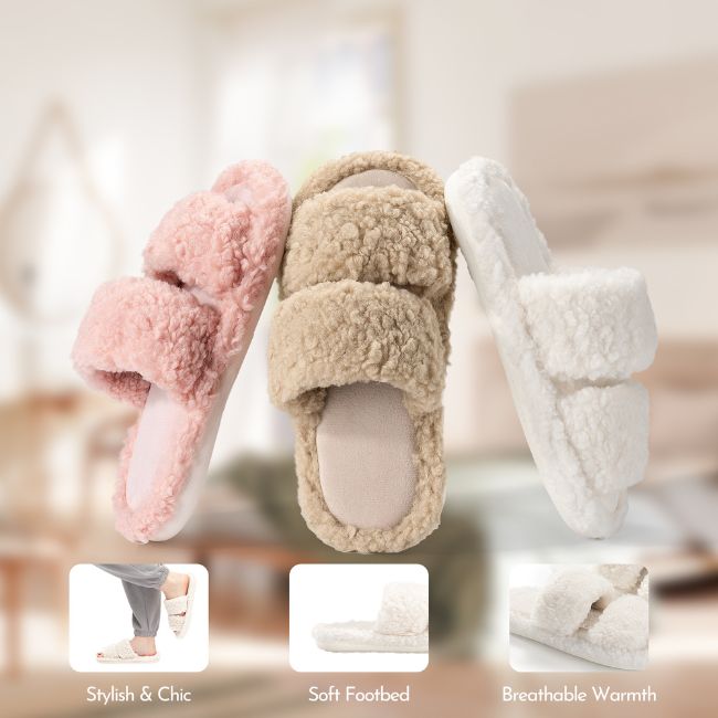 FLUFFY ORTHOPEDIC SLIPPERS – DOUBLE-STRAP SHERPA HOUSE SLIDES WITH THICK
