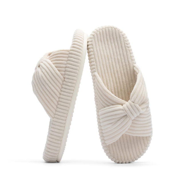 The Cloudies US | Women's Corduroy Bow Open-Toe Slippers - Soft Cushion Indoor House Shoes