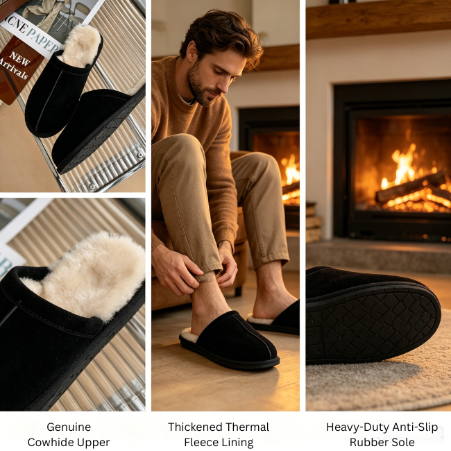 THE CLOUDIES | MEN'S LEATHER WINTER SNOW BOOTS - ANTI-SLIP FLEECE LINED HOUSE SHOES