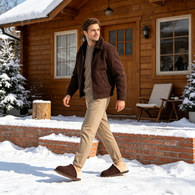 THE CLOUDIES | MEN'S LEATHER WINTER SNOW BOOTS - ANTI-SLIP FLEECE LINED HOUSE SHOES