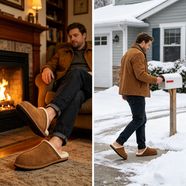 THE CLOUDIES | MEN'S LEATHER WINTER SNOW BOOTS - ANTI-SLIP FLEECE LINED HOUSE SHOES