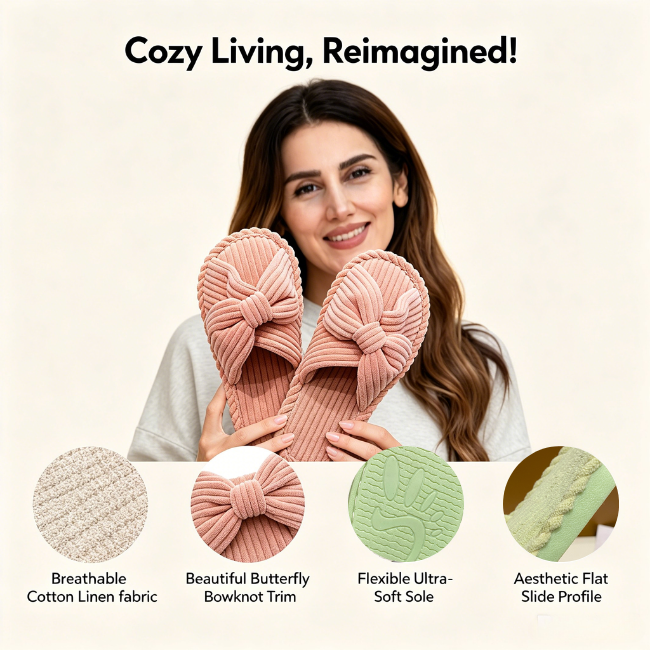 The Cloudies US | Women's Cute Bowknot Cotton Linen Cross Strap House Slippers