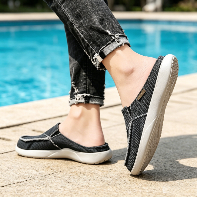 THE CLOUDIES | MEN'S LIGHTWEIGHT CANVAS SLIP-ON MULES - BREATHABLE BACKLESS LOAFERS WITH EVA SOLE
