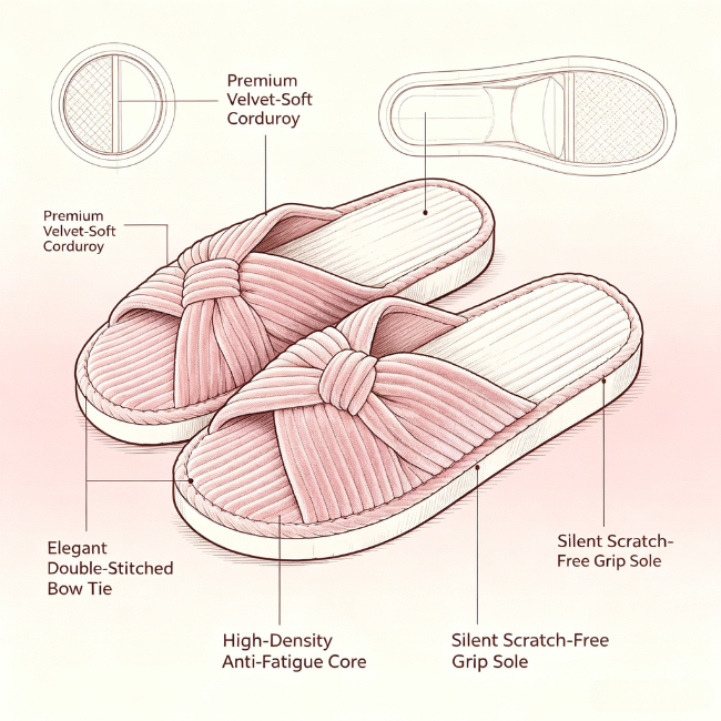 The Cloudies US | Women's Corduroy Bow Open-Toe Slippers - Soft Cushion Indoor House Shoes