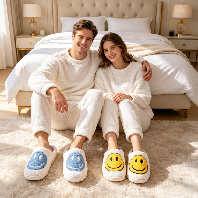 THE CLOUDIES | HAPPY FACE SMILEY SLIPPERS - COZY PLUSH WINTER HOUSE SHOES FOR COUPLES