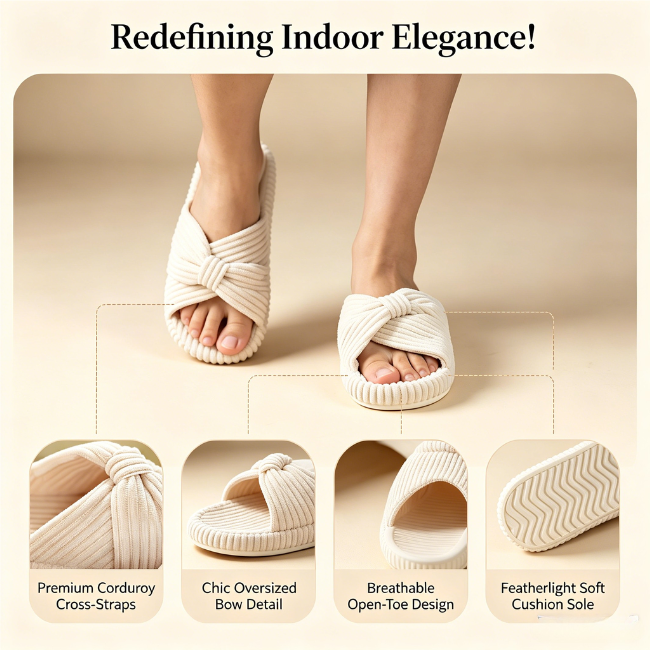 The Cloudies US | Women's Corduroy Bow Open-Toe Slippers - Soft Cushion Indoor House Shoes