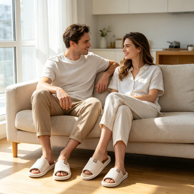 THE CLOUDIES | UNISEX NATURAL LINEN HOUSE SLIPPERS - BREATHABLE NON-SLIP LINEN SLIDES FOR SUMMER